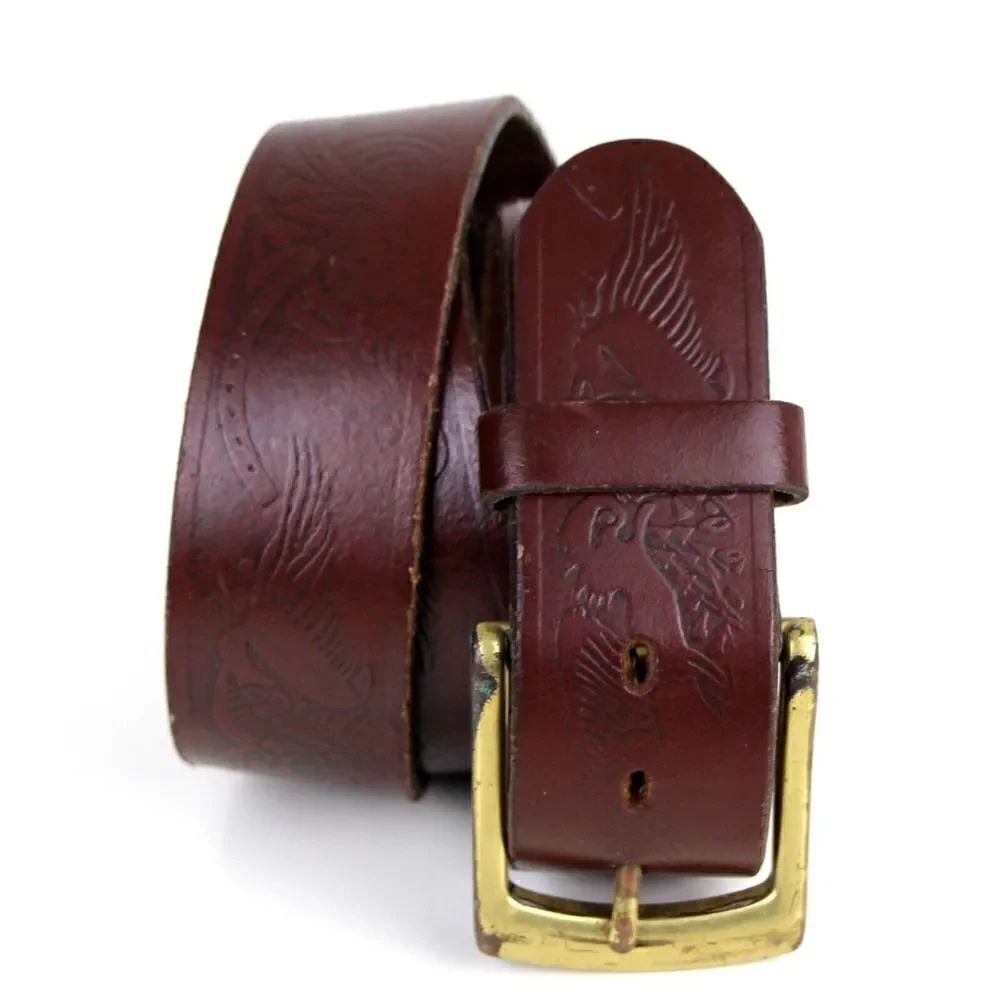 TOOLED BROWN GENUINE LEATHER 1 3/8"Wd CASUAL DRESS MEN'S BELT Sz 34 (A71